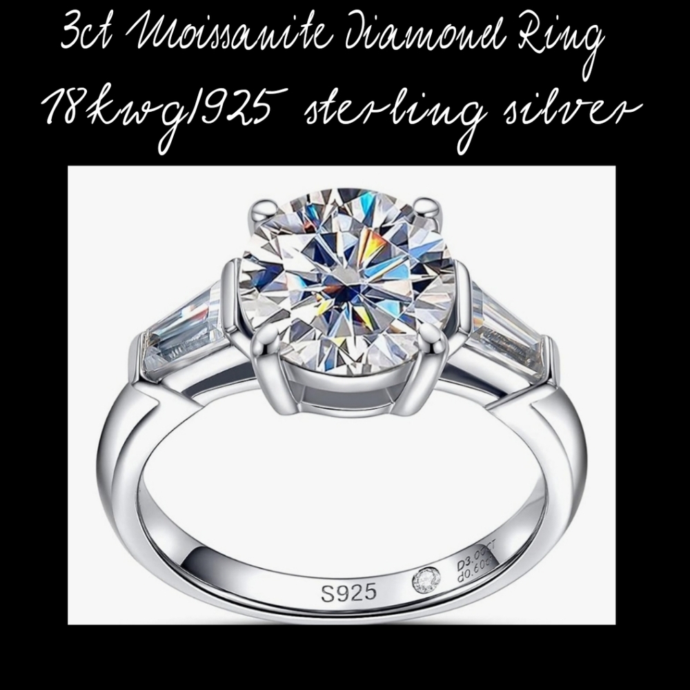 NIB 3CT GENUINE MOISSONITE DIAMOND 💎 RING. 18K WHITE GOLD/ 925 STERLING SILVER